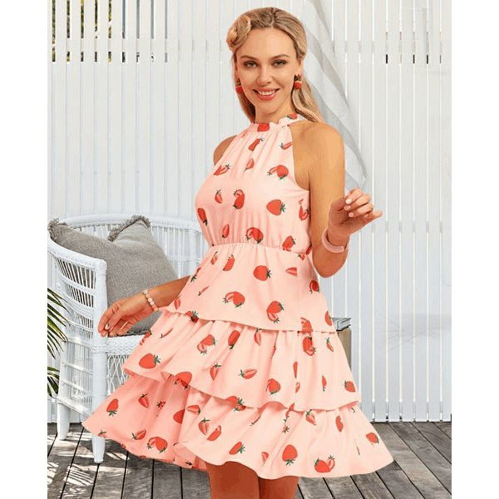 🍓 Strawberry Girly Cute Halter Neck Tiered Layered Ruffle Pink Mini Dress NWT - Picture 14 of 16